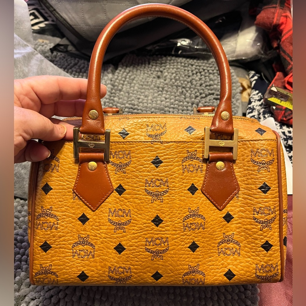 MCM EUC Mini Aren Boston Bag Cognac Vintage COA